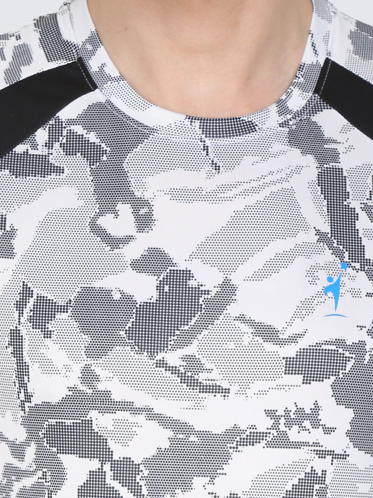 Close-up of white camo T-shirt showing collar, pattern and chest NDR SPORT logo